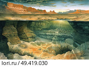 A painting depicting a barren desert landscape intersected by a body of water, showcasing the stark contrast between dry sand and shimmering blue water. Стоковое AI-изображение, AI-художник Данила Большаков / Фотобанк Лори