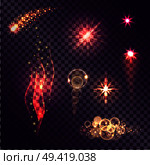 Realistic vector light effects set. Falling comet, burning flame, shiny stars, light bubbles on transparent background. Vibrant elements with glittering. Fiery flashes and blinding stars illustrations. Стоковая иллюстрация, агентство Ingram Publishing / Фотобанк Лори