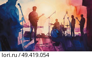 Silhouettes of a band performing on a stage against a vibrant sunset backdrop. Стоковое AI-изображение, AI-художник Данила Большаков / Фотобанк Лори