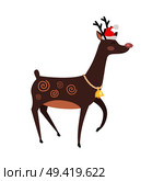 Big reindeer with golden bell and red hat on white background. Santa’s helper as element of decor for encouragement customers in big supermarkets. Cute horned mammal animal vector illustration. Big Reindeer with Golden Bell and Red Hat on White. Стоковая иллюстрация, агентство Ingram Publishing / Фотобанк Лори