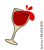Red wine pours out of overturned glass cartoon style isolated on white background. Realistic symbol with two flying drops. Vector illustration flat design hand drawn pattern for websites, infographics. Red Wine Pours Out of Overturned Glass Cartoon. Стоковая иллюстрация, агентство Ingram Publishing / Фотобанк Лори