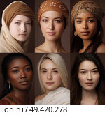 A diverse group of women standing together, each wearing headscarves and scarves covering their heads and shoulders. Стоковое AI-изображение, AI-художник Данила Большаков / Фотобанк Лори