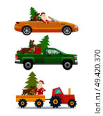 Santa Claus, big reindeer, green fir tree, red big bag in different kinds of modern transport. Man drives steep green pick-up truck and yellow car. Vector illustration of current vehicle types. Santa Claus in Different Kinds of Modern Transport. Стоковая иллюстрация, агентство Ingram Publishing / Фотобанк Лори