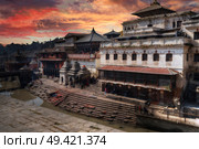 Freely walk monkey. Votive temples and shrines in a row at Pashupatinath Temple, Kathmandu, Nepal. Стоковое фото, агентство Ingram Publishing / Фотобанк Лори