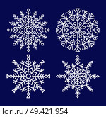 Snowflakes collection closeup of unique ice crystals small particles of snow vector illustrations set isolated on dark blue background in flat style. Snowflakes Collection Closeup Unique Ice Crystals. Стоковая иллюстрация, агентство Ingram Publishing / Фотобанк Лори