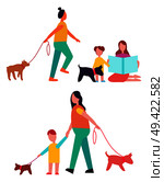 People walking their dogs on leashes and having fun together, picture represented on vector illustration isolated on white background. People Walking Dogs, Have Fun Vector Illustration. Стоковая иллюстрация, агентство Ingram Publishing / Фотобанк Лори