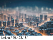 A man standing confidently on the rooftop of a high-rise building, overlooking the city below. Стоковое AI-изображение, AI-художник Данила Большаков / Фотобанк Лори