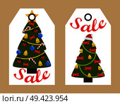 Sale decorative tags with New Year decorated Christmas trees topped by star or Santas hat, hang badge stickers, shopping promotional labels discounts. Sale Decorative Tags with New Year Decorated Trees. Стоковая иллюстрация, агентство Ingram Publishing / Фотобанк Лори