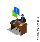 Male character sits at wooden table with books and lamp, and talks in chat isolated cartoon vector illustration on white background.. Character Communicates by Laptop at Work Place. Стоковая иллюстрация, агентство Ingram Publishing / Фотобанк Лори