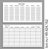 Work week different tables, sheet of paper with day names and empty space below them in order to plan your own time on vector illustration. Work Week Different Tables on Vector Illustration. Стоковая иллюстрация, агентство Ingram Publishing / Фотобанк Лори