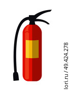 Standard red fire extinguisher with yellow instruction tag on cylinder with black levers, hose and nozzle isolated vector illustration on white. Fire Extinguisher Isolated illustration. Стоковая иллюстрация, агентство Ingram Publishing / Фотобанк Лори