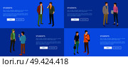 Students collection of banners with blue background and text. Isolated vector illustration of teenage boys and girl communicating during break. Students Banners with Blue Background and Text. Стоковая иллюстрация, агентство Ingram Publishing / Фотобанк Лори