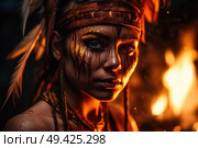 A woman with elaborate makeup and feathers is standing in front of a blazing fire. Стоковое AI-изображение, AI-художник Данила Большаков / Фотобанк Лори