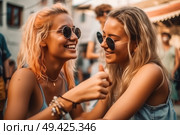 Two young women are seated side by side, exuding beauty and grace. They are elegantly posed, showcasing their friendship and camaraderie. Стоковое AI-изображение, AI-художник Данила Большаков / Фотобанк Лори