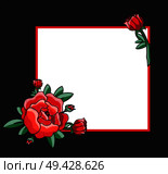 Photo frame design with handdrawn red roses with green leaves in corners and place for text vector illustration, border with blossom on black background. Photo Frame Design with Drawn Red Roses Vector. Стоковая иллюстрация, агентство Ingram Publishing / Фотобанк Лори