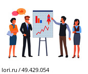 Man and woman on business coaching with diagram on placard vector illustration. Male point on poster with charts. Successful startup project. Man and Woman on Coaching with Diagram on Placard. Стоковая иллюстрация, агентство Ingram Publishing / Фотобанк Лори