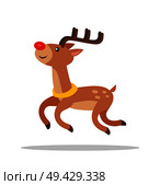 Funny cartoon reindeer with luxury antlers side view vector illustration isolated on white background. Horned deer leaps in air and smile. Funny cartoon reindeer with luxury antlers side view. Стоковая иллюстрация, агентство Ingram Publishing / Фотобанк Лори