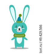 Adorable hare with huge ears in warm cone hat and knitted scarf isolated vector illustration on white background. Small forest Christmas animal.. Adorable Hare in Warm Cone Hat and Knitted Scarf. Стоковая иллюстрация, агентство Ingram Publishing / Фотобанк Лори