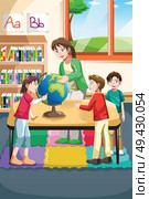 A vector illustration of kindergarten teacher and students looking at a globe in the classroom. Стоковая иллюстрация, агентство Ingram Publishing / Фотобанк Лори