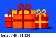 Three cute gift boxes banner vector illustration with set of colorful presents coiled into red and yellow ribbons with lovable bows, isolated on blue. Three Cute Gift Boxes Banner Vector Illustration. Стоковая иллюстрация, агентство Ingram Publishing / Фотобанк Лори