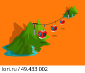 Maokong mountain cableway in Taiwan graphic icon on yellow background. Rapidly delivers tourists and locals to top of mountain. Three red caravans with viewing platform. Vector illustration art design. Maokong Mountain Cableway in Taiwan Graphic Icon. Стоковая иллюстрация, агентство Ingram Publishing / Фотобанк Лори