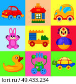 Red and yellow car, small house, pink bunny, car constructor, funny clown, rubber duck, frog beanbag and turtle on wheels vector illustrations set.. Funny Colorful Toys for Little Kids Illustrations. Стоковая иллюстрация, агентство Ingram Publishing / Фотобанк Лори