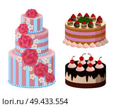 Sweet bakery collection, poster with cakes made of cream and biscuit, berries and chocolate, strawberries and blueberries, isolated on vector illustration. Sweet Bakery Collection Poster Vector Illustration. Стоковая иллюстрация, агентство Ingram Publishing / Фотобанк Лори