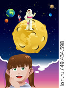 A vector illustration of cute young girl aspiring to be an astronaut going to the moon. Стоковая иллюстрация, агентство Ingram Publishing / Фотобанк Лори