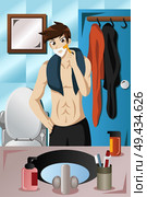 A vector illustration of young man shaving using a razor in the bathroom. Стоковая иллюстрация, агентство Ingram Publishing / Фотобанк Лори