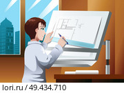 A vector illustration of architect working on blueprint in the office. Стоковая иллюстрация, агентство Ingram Publishing / Фотобанк Лори