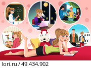 A vector illustration of beautiful girl daydreaming about her future in college. Стоковая иллюстрация, агентство Ingram Publishing / Фотобанк Лори