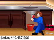 A vector illustration of plumber fixing a leaky faucet. Стоковая иллюстрация, агентство Ingram Publishing / Фотобанк Лори