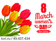 8 March ladys day, love spring lettering of pink color with ribbon tulips and flowers symbolic items, vector illustration isolated on white background. 8 March Ladys Day Love Spring Vector Illustration. Стоковая иллюстрация, агентство Ingram Publishing / Фотобанк Лори