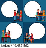 Four color posters with parents and their children, vector illustration with caring mothers and fathers that are working with kids, white circles. Four Color Posters with Parents and their Children. Стоковая иллюстрация, агентство Ingram Publishing / Фотобанк Лори