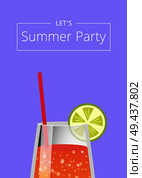Lets summer party poster with lemonade in glass with straw and slice of lemon vector illustration with closeup of cocktail isolated on purple background. Lets Summer Party Poster with Lemonade in Glass. Стоковая иллюстрация, агентство Ingram Publishing / Фотобанк Лори
