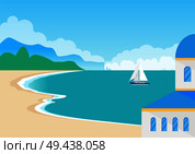 View on beautiful sandy beach and cute seascape, vector illustration with calm sea, beige sand, house with blue roof, small boat with white sails. View on Beautiful Sandy Beach and Cute Seascape. Стоковая иллюстрация, агентство Ingram Publishing / Фотобанк Лори