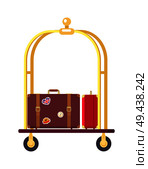 Two bags on cute bogie vector illustration with red and brown suitcases with various stickers, golden carcass, pair of black wheels, isolated on white. Two Bags on Cute Bogie Vector Illustration. Стоковая иллюстрация, агентство Ingram Publishing / Фотобанк Лори
