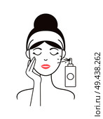 Girl in headband applies healthy fresh micellar water from small spray bottle isolated cartoon flat outline vector illustration on white background.. Girl in Headband Aplies Micellar Water from Spray. Стоковая иллюстрация, агентство Ingram Publishing / Фотобанк Лори