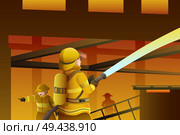 A vector illustration of firefighters putting out the building on fire. Стоковая иллюстрация, агентство Ingram Publishing / Фотобанк Лори