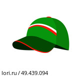 Sketch of green cap, colorful vector illustration with pretty hat, white and red stripes, headdress with dark visor, isolated on white background. Sketch of Green Cap, Colorful Vector Illustration. Стоковая иллюстрация, агентство Ingram Publishing / Фотобанк Лори