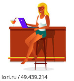 Business summer, poster with woman and laptop, cocktail and bar, freelance job allows to work anywhere and anytime, isolated on vector illustration. Business Summer Woman Laptop Vector Illustration. Стоковая иллюстрация, агентство Ingram Publishing / Фотобанк Лори