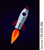 Space rocket, poster with flying object, cosmos and universe exploration, spaceship with fire, discovery flight vector illustration isolated on blue. Space Rocket Ship Poster, Vector Illustration. Стоковая иллюстрация, агентство Ingram Publishing / Фотобанк Лори