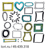 Set of various colorful frames vector illustration with blue yellow and black borders with leaves dots and striped lines isolated on white background. Set of Various Colorful Frames Vector Illustration. Стоковая иллюстрация, агентство Ingram Publishing / Фотобанк Лори