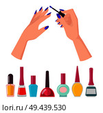 Fingernails and polish of different colors in bottles, made of glass, poster with template hands and brush, vector illustration, isolated on white. Fingernails and Polish Poster Vector Illustration. Стоковая иллюстрация, агентство Ingram Publishing / Фотобанк Лори