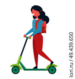 Girl with rucksack riding on kick scooter human-powered land vehicles with a handlebar, deck and wheels propelled by a rider pushing off ground vector. Girl with Rucksack Riding on Kick Scooter Vector. Стоковая иллюстрация, агентство Ingram Publishing / Фотобанк Лори