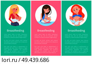 Breastfeeding informative vertical posters set with mothers who feed their babies with their own milk cartoon vector illustrations and sample texts.. Breastfeeding Informative Vertical Posters Set. Стоковая иллюстрация, агентство Ingram Publishing / Фотобанк Лори
