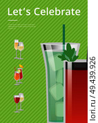 Let s celebrate card colorful vector illustration with green striped background, wine and champagne goblets, exotic alcohol drinks, lot of reflections. Let s Celebrate Card Colorful Vector Illustration. Стоковая иллюстрация, агентство Ingram Publishing / Фотобанк Лори