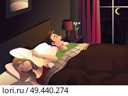 A vector illustration of woman trying to sleep while her husband snores. Стоковая иллюстрация, агентство Ingram Publishing / Фотобанк Лори