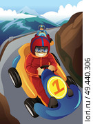 A vector illustration of kids racing in a go-kart like car in the mountain road. Стоковая иллюстрация, агентство Ingram Publishing / Фотобанк Лори