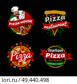 Pizza places of high quality promotional emblems set. Exquisite restaurants and cafes with Italian pizza logotypes isolated vector illustrations.. Pizza Places of High Quality Promotional Emblems. Стоковая иллюстрация, агентство Ingram Publishing / Фотобанк Лори